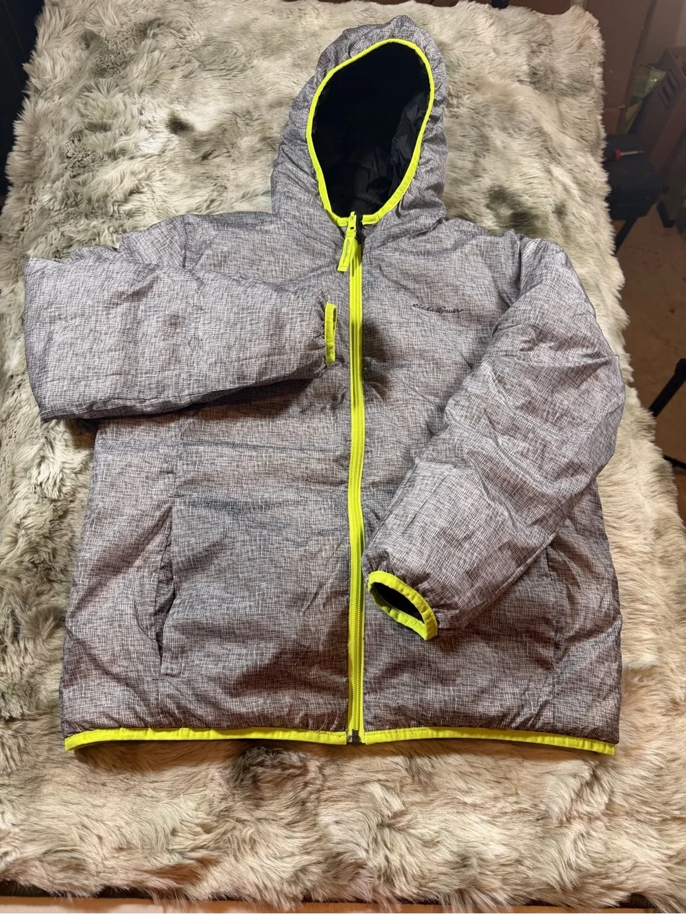 Eddie Bauer Kids L (14/16) Reversible Hooded Puffer Jacket - Black, Gray, & Neon